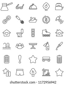 thin line vector icon set - toilet vector, kettle, skimmer, turk coffee, dish, glasses, exchange, shorts, roller Skates, pool, attention, traffic light, ship, satellitie, link, group, battery, bench
