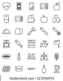 thin line vector icon set - pan vector, oil, cook press, skimmer, spatula, meat hammer, mixer, toaster, microwave oven, spices, blender, plates, sieve, dish, egg, pasta, mushroom, diet, pills vial