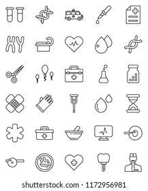 thin line vector icon set - rubber glove vector, doctor bag, ambulance star, heart pulse, cross, flask, vial, dna, insemination, dropper, crutches, scissors, sand clock, patch, pills bottle, mortar