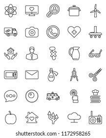 thin line vector icon set - vacuum cleaner vector, house hold, pan, cookbook, jug, drawing compass, glasses, atom, diet, heart monitor, client, no hook, camera, touchscreen, cross, scissors, potion