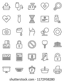 thin line vector icon set - colander vector, mixer, calculator, alarm clock, certificate, credit card, sand, presentation board, tie, monitor dollar, pills vial, buttocks, breads, prohibition sign