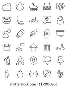 thin line vector icon set - trash bin vector, toilet brush, cake, pen, apple fruit, medal, man, arrow up, presentation board, bike, roller Skates, calendar, traking, dry cargo, speaking, finger down