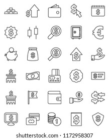 thin line vector icon set - exchange vector, japanese candle, credit card, wallet, cash, piggy bank, investment, dollar growth, coin stack, building, money search, medal, flag, safe, calendar, bag
