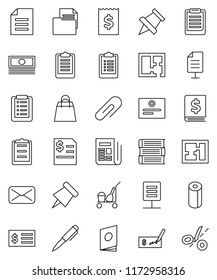thin line vector icon set - cleaner trolley vector, toilet paper, book, pen, clipboard, pin, certificate, document, cash, check, annual report, receipt, newspaper, mail, network, attachment, plan