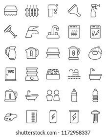 thin line vector icon set - soap vector, scraper, water tap, sponge, bath, sprayer, closet, kettle, measuring cup, jug, enegry drink, bottle, pool, pond, supply, heating, dishwasher, double boiler