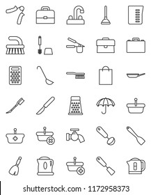 thin line vector icon set - plunger vector, broom, fetlock, water tap, car, toilet brush, pan, measuring cup, cook press, spatula, ladle, grater, case, hand trainer, umbrella, scalpel, shopping bag