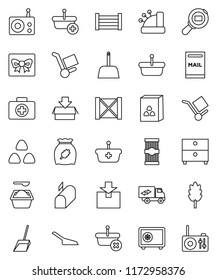 thin line vector icon set - scoop vector, washing powder, cereal, pasta, archive, safe, first aid kit, wood box, cargo, package, search, radio, mailbox, relocation truck, gift, cashbox, basket