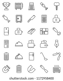 thin line vector icon set - spatula vector, ladle, knife, grater, toaster, blender, dish, pen, award cup, magnet, gold ingot, safe, hand trainer, consolidated cargo, battery, tooth implant, fridge