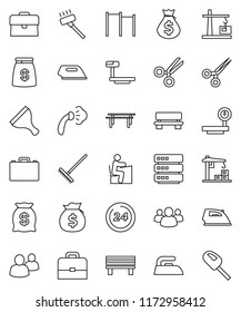 thin line vector icon set - scraper vector, vacuum cleaner, rake, iron, steaming, student, case, money bag, horizontal bar, big scales, group, scissors, data, bench, construction crane, 24 hour