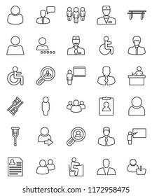 thin line vector icon set - blackboard vector, student, manager, man, personal information, horizontal bar, client, speaking, group, disabled, doctor, crutches, user, login, search, consumer