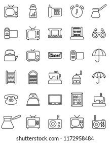 thin line vector icon set - washboard vector, kettle, hand mill, turk coffee, glasses, alarm clock, abacus, phone, umbrella, film frame, radio, tv, classic, closed, video camera, sewing machine