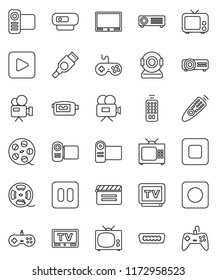 thin line vector icon set - cinema clap vector, film spool, tv, gamepad, video camera, remote control, play button, pause, stop, rec, hdmi, web, projector