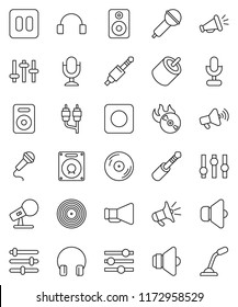 thin line vector icon set - disk vector, music hit, microphone, speaker, loudspeaker, settings, headphones, pause button, rec, rca, jack, equalizer