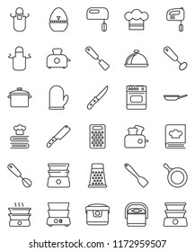 thin line vector icon set - pan vector, cook hat, apron, glove, timer, whisk, spatula, knife, grater, double boiler, cookbook, dish, mixer, multi cooker, toaster, oven