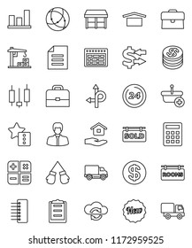 thin line vector icon set - house hold vector, case, schedule, document, exchange, graph, japanese candle, manager, boxing glove, route, delivery, clipboard, dry cargo, connection, cloud, hub, sold