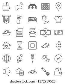 thin line vector icon set - washing powder vector, sprayer, skimmer, toaster, schedule, document, sand clock, dollar flag, cent sign, stadium, bike, muscule hand, t shirt, map pin, ship, tulip, cash