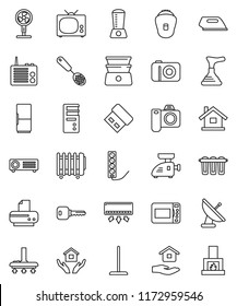 thin line vector icon set - plunger vector, vacuum cleaner, mop, house hold, skimmer, double boiler, key, fridge, tv, iron, meat grinder, microwave oven, blender, epilator, air conditioner, fan, usb
