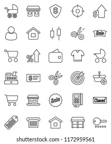 thin line vector icon set - cart vector, japanese candle, percent growth, dollar, office, barcode, wallet, sale, closed, market, customer, target, card reader, cashbox, receipt, basket, home, check