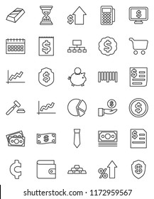 thin line vector icon set - dollar coin vector, graph, gold ingot, pie, cart, wallet, percent growth, piggy bank, investment, auction, annual report, sand clock, medal, tie, shield, hierarchy, money