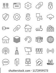 thin line vector icon set - antenna vector, server, notebook network, folder, big data, browser, gear, shield, firewall, router, home, message, undo, cloud download, loading, globe, document, lock