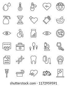 thin line vector icon set - liquid soap vector, rubber glove, heart pulse, doctor bag, disabled, cross, thermometer, eye, dna, crutches, sand clock, stethoscope, pills bottle, mortar, microscope