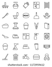 thin line vector icon set - soap vector, plunger, vacuum cleaner, rake, scoop, bucket, clothespin, sponge, trash bin, water tap, car fetlock, window cleaning, iron, toilet, washer, foam basin, woman