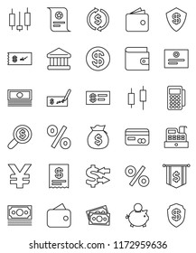 thin line vector icon set - certificate vector, bank, exchange, japanese candle, wallet, cash, money bag, piggy, check, search, dollar flag, yen sign, credit card, coin, percent, reader, cashbox