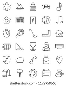 thin line vector icon set - vacuum cleaner vector, foam basin, plates, woman, cook timer, ladle, cookbook, corner ruler, backpack, music, enegry drink, calendar, glass, protected, cargo search, pin