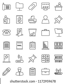 thin line vector icon set - trash bin vector, pencil, student, case, clipboard, paper pin, exam, manager, binder, phone, receipt, classic, thumbtack, diagnostic monitor, medical room, network folder