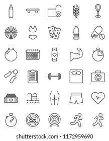thin line vector icon set - barbell vector, scales, heart pulse, stadium, stopwatch, clipboard, hand trainer, punching bag, fitball, muscule, buttocks, shorts, swimsuite, skateboard, target, pills