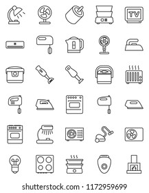 thin line vector icon set - vacuum cleaner vector, iron, mixer, oven, double boiler, blender, table lamp, tv, rca, air conditioner, ari condition, multi cooker, epilator, fan, kettle, heater, bulb