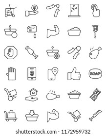 thin line vector icon set - soap vector, cleaner trolley, foam basin, rubber glove, house hold, blender, chicken leg, investment, hand trainer, muscule, traking, cargo, touchscreen, finger up, stop