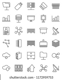 thin line vector icon set - presentation vector, archive, personal information, graph, dollar growth, binder, board, barcode, social media, network, folder, server, cloud shield, big data, hub, usb