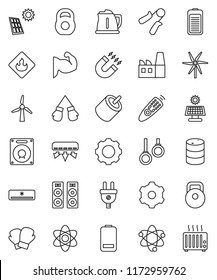 thin line vector icon set - kettle vector, atom, magnet, weight, hand trainer, muscule, boxing glove, gymnast rings, flammable, oil barrel, remote control, battery, rca, gear, solar panel, windmill