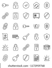 thin line vector icon set - certificate vector, personal information, dollar shield, safe, protected, link, server, firewall, chain, unlock, key, siren, lock, smart home, password