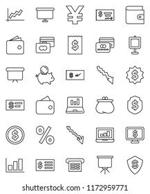 thin line vector icon set - presentation vector, dollar coin, graph, laptop, credit card, wallet, crisis, piggy bank, check, receipt, board, medal, shield, monitor, yen sign, percent
