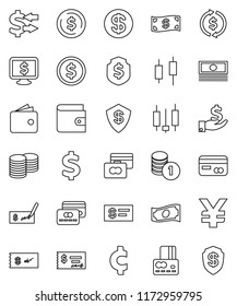 thin line vector icon set - exchange vector, dollar coin, japanese candle, credit card, wallet, cash, investment, stack, check, shield, monitor, yen sign, cent