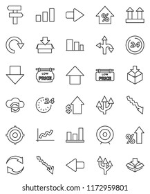 thin line vector icon set - graph vector, crisis, percent growth, dollar, target, arrow down, up, route, top sign, package, sorting, cloud exchange, refresh, redo, low price signboard, 24 hour