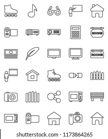 thin line vector icon set - microwave oven vector, pen, blackboard, glasses, calculator, music, cash, roller Skates, monitor, share, home, bench, connection, fence, rooms signboard, camera, video