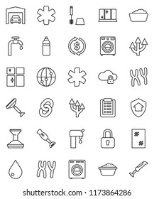 thin line vector icon set - scraper vector, water drop, car fetlock, window cleaning, toilet brush, washer, foam basin, shining, blender, exchange, bottle, internet, ambulance star, chromosomes