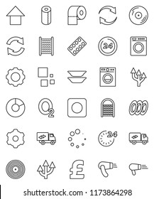 thin line vector icon set - washboard vector, toilet paper, plates, pie graph, arrow up, pound, oxygen, disk, rec button, pills blister, gear, refresh, loading, route, relocation truck, 24 hour