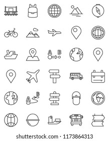 thin line vector icon set - camping cauldron vector, backpack, compass, school bus, world, bike, signpost, earth, map pin, Railway carriage, plane, ship, route, globe, mountain