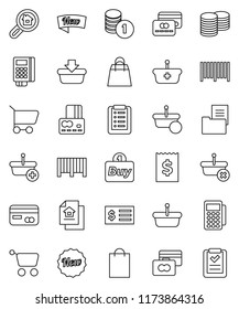 thin line vector icon set - credit card vector, coin stack, receipt, estate document, search, new, shopping bag, buy, barcode, reader, basket, cart, list