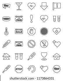 thin line vector icon set - sieve vector, arrow down, heart pulse, prohibition sign, no alcohol, cross, attention, glass, thermometer, vial, undo, stop, sale signboard, low price, love home, new
