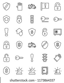 thin line vector icon set - rubber glove vector, dollar shield, safe, attention, traffic light, amkbulance car, lock, unlock, key, sign, siren, home protect, password