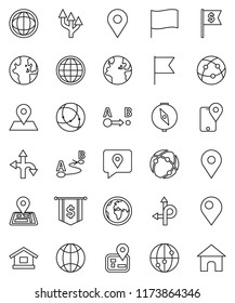 thin line vector icon set - compass vector, world, flag, dollar, route, navigator, earth, map pin, traking, internet, connection, globe, arrow, home