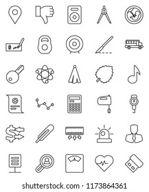thin line vector icon set - scales vector, towel, mixer, drawing compass, atom, calculator, certificate, school bus, music, leaf, constellation, exchange, manager, check, target, heart pulse, weight