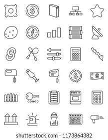 thin line vector icon set - washing powder vector, hand mill, blender, potato, book, calculator, schedule, compass, exchange, dollar coin, crisis, hierarchy, any currency, jump rope, top sign, chain