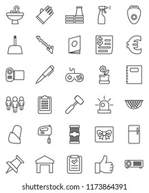 thin line vector icon set - scoop vector, sprayer, rubber glove, sink, colander, meat hammer, pasta, copybook, pen, crisis, man, euro sign, clipboard, receipt, warehouse, gamepad, finger up, bandage