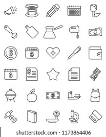 thin line vector icon set - washing powder vector, ladle, cutting board, turk coffee, mixer, bbq, pencil, backpack, apple fruit, pen, document, dollar coin, wallet, cash, annual report, calendar